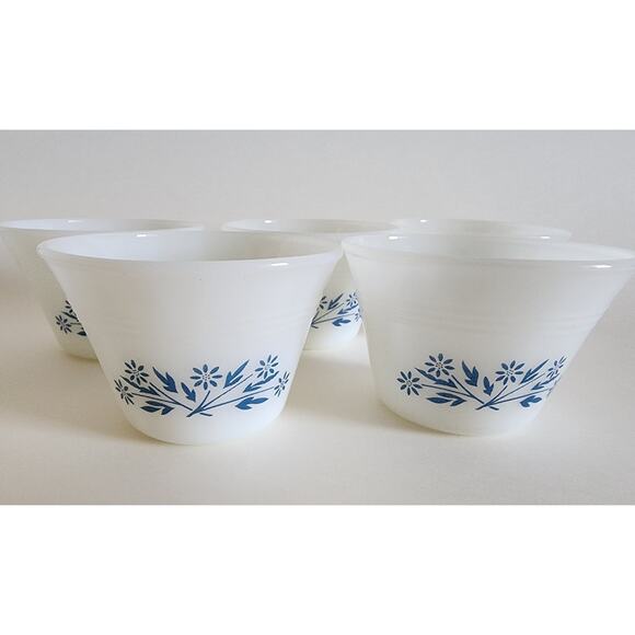 Vintage Dynaware Pyr-O-Rey Custard Cups – Set of 5 Milk Glass Blue Floral,... - Picture 1 of 5